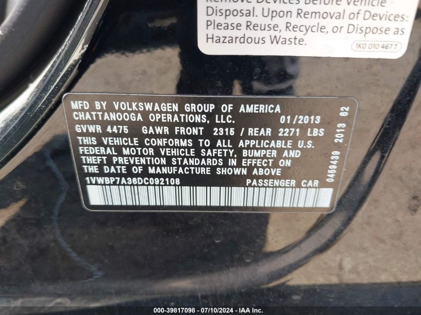 2013 Volkswagen Passat 2.5L Se VIN: 1VWBP7A36DC092108 Lot: 39817098
