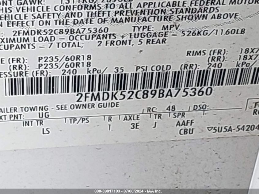 2009 Ford Flex Sel VIN: 2FMDK52C89BA75360 Lot: 39817103