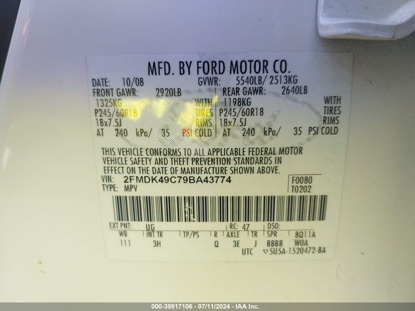 2009 Ford Edge Limited VIN: 2FMDK49C79BA43774 Lot: 39817106