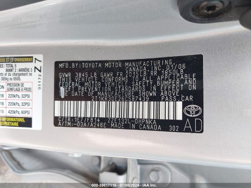 2006 Toyota Matrix Xr VIN: 2T1KR30E26C587439 Lot: 39817116