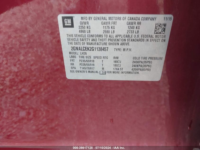 2016 Chevrolet Equinox Lt VIN: 2GNALCEK2G1138457 Lot: 39817128