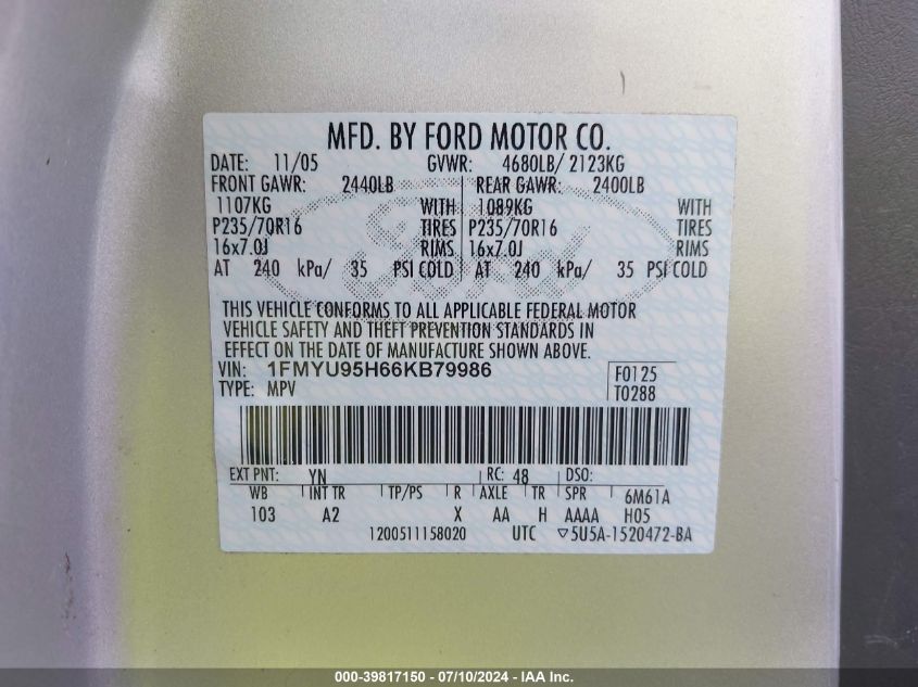 2006 Ford Escape Hybrid VIN: 1FMYU95H66KB79986 Lot: 39817150
