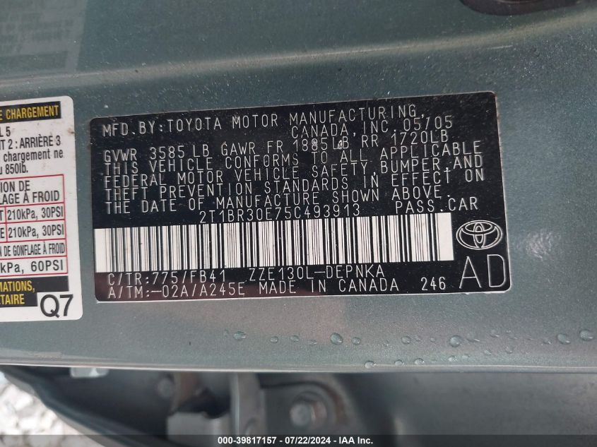 2005 Toyota Corolla Le VIN: 2T1BR30E75C493913 Lot: 39817157