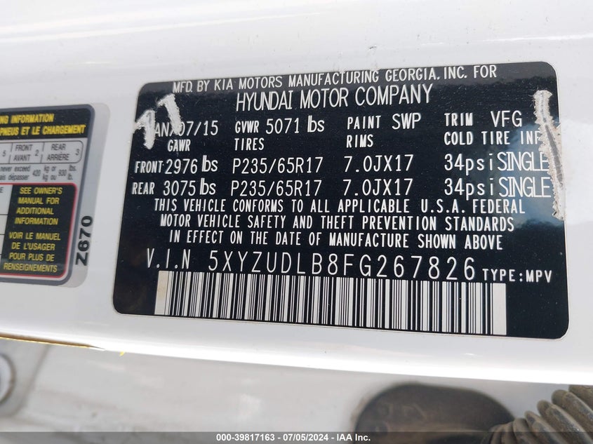 2015 Hyundai Santa Fe Sport 2.4L VIN: 5XYZUDLB8FG267826 Lot: 39817163