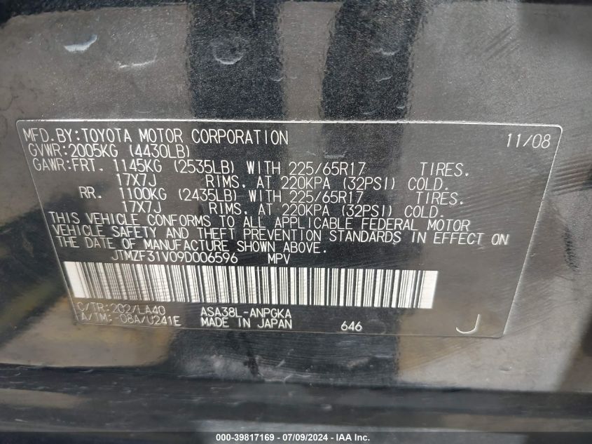2009 Toyota Rav4 Limited VIN: JTMZF31V09D006596 Lot: 39817169