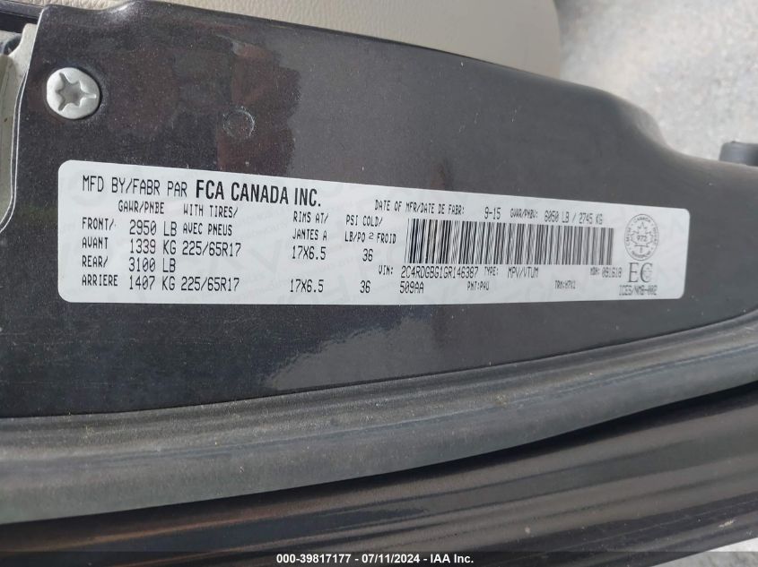 2016 Dodge Grand Caravan Se/Sxt VIN: 2C4RDGBG1GR146387 Lot: 39817177