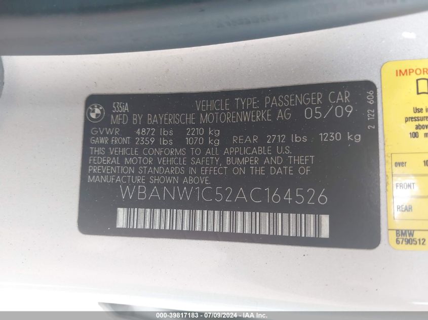 2010 BMW 535 I VIN: WBANW1C52AC164526 Lot: 39817183