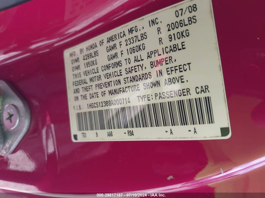 2009 Honda Accord 2.4 Lx-S VIN: 1HGCS12389A000714 Lot: 39817187