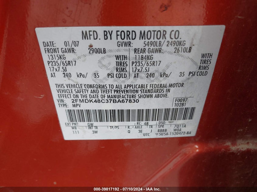 2007 Ford Edge Sel VIN: 2FMDK48637BA67830 Lot: 39817192