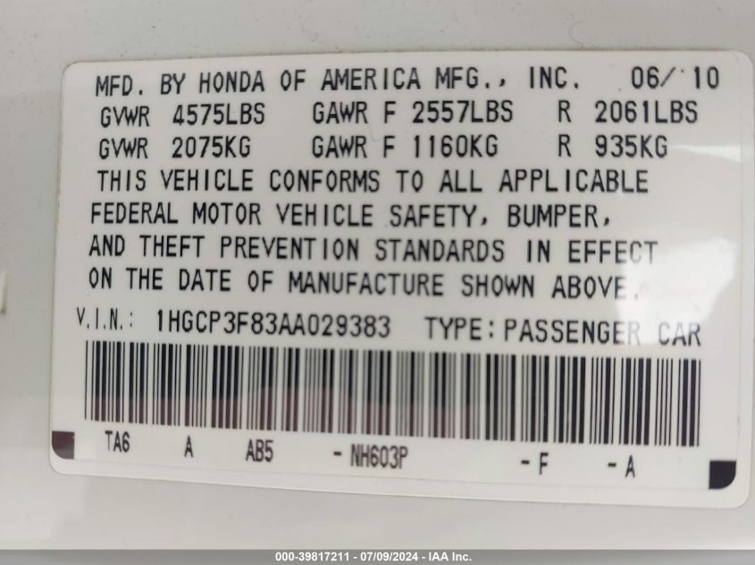 2010 Honda Accord 3.5 Ex-L VIN: 1HGCP3F83AA029383 Lot: 39817211