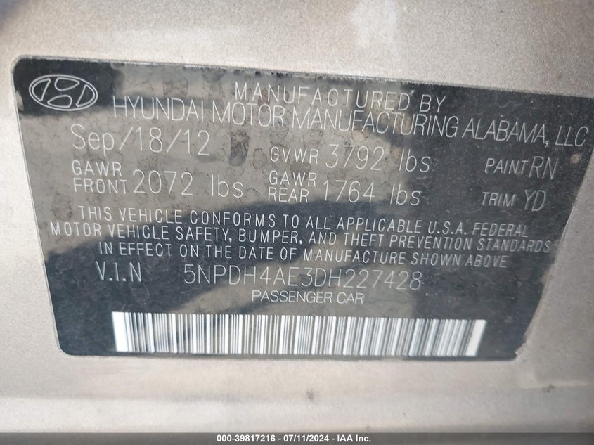 2013 Hyundai Elantra Limited VIN: 5NPDH4AE3DH227428 Lot: 39817216