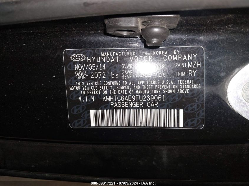 2015 Hyundai Veloster Turbo VIN: KMHTC6AE9FU239061 Lot: 39817221