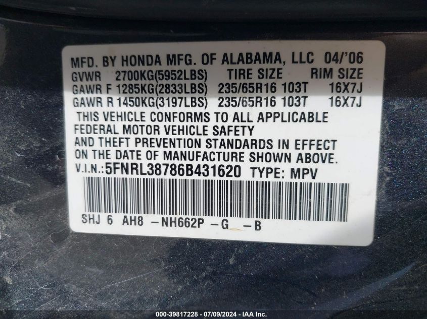 2006 Honda Odyssey Ex-L VIN: 5FNRL38786B431620 Lot: 39817228