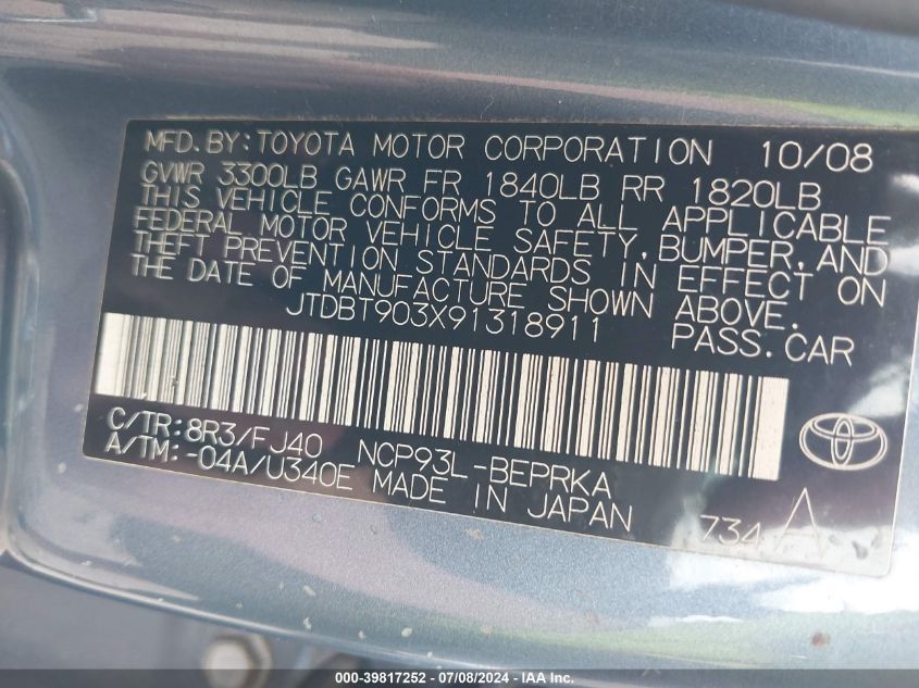 2009 Toyota Yaris VIN: JTDBT903X91318911 Lot: 39817252