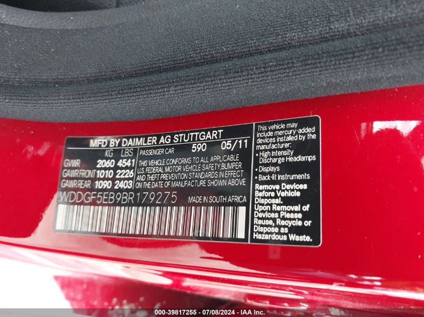 2011 Mercedes-Benz C 300 Luxury/Sport VIN: WDDGF5EB9BR179275 Lot: 39817255