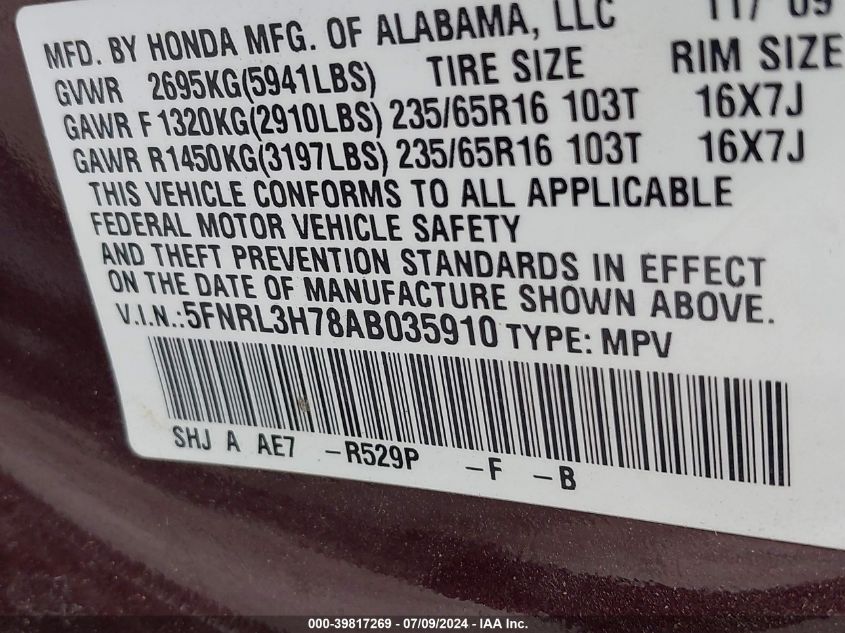 2010 Honda Odyssey Ex-L VIN: 5FNRL3H78AB035910 Lot: 39817269