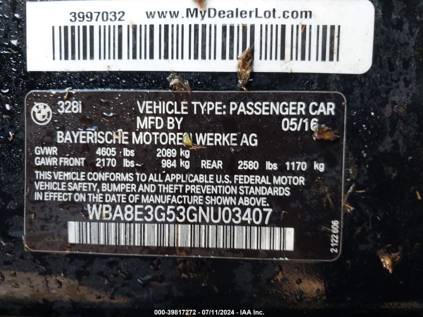2016 BMW 328I xDrive VIN: WBA8E3G53GNU03407 Lot: 39817272