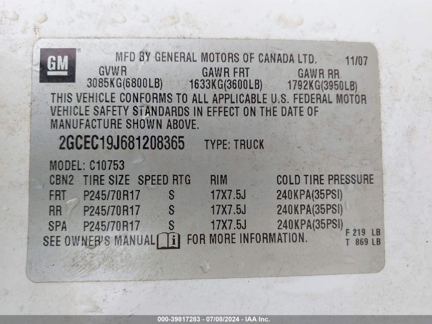 2008 Chevrolet Silverado 1500 Lt2 VIN: 2GCEC19J681208365 Lot: 39817283