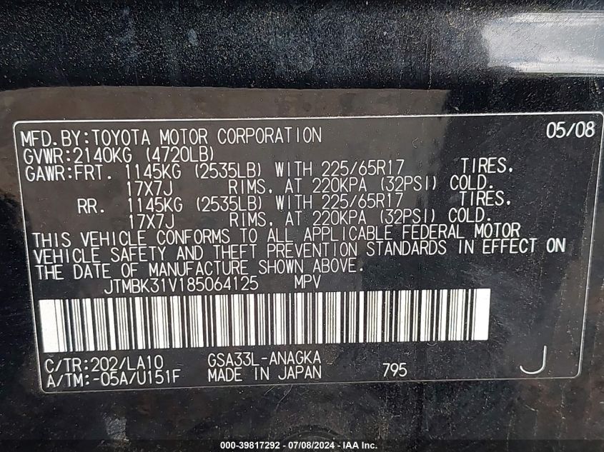2008 Toyota Rav4 Limited V6 VIN: JTMBK31V185064125 Lot: 39817292