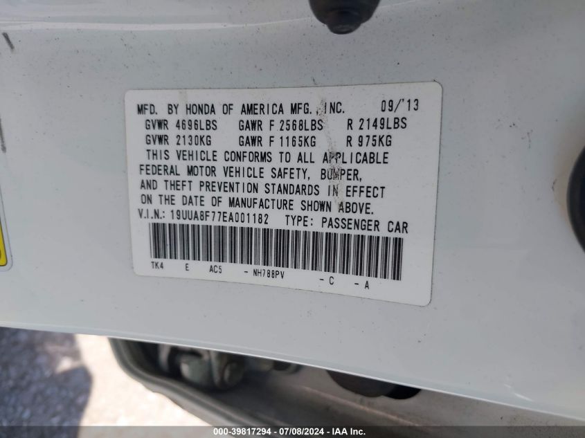 19UUA8F77EA001182 2014 Acura Tl 3.5