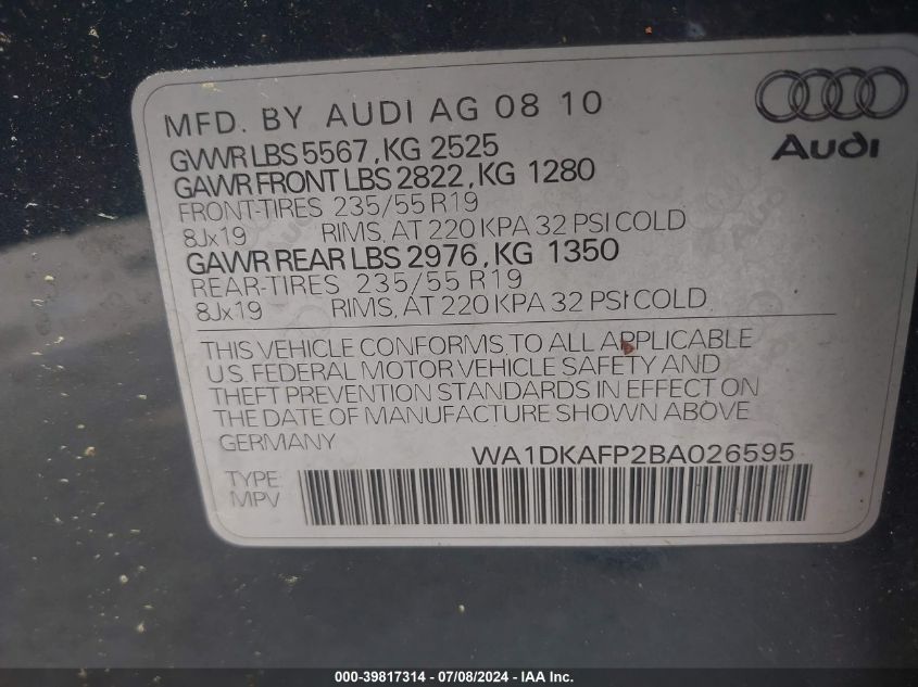2011 Audi Q5 3.2 Premium Plus VIN: WA1DKAFP2BA026595 Lot: 39817314