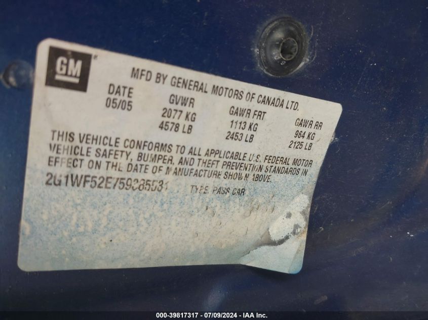 2005 Chevrolet Impala VIN: 2G1WF52E759385531 Lot: 39817317