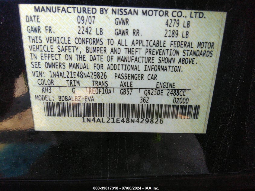 2008 Nissan Altima 2.5 S VIN: 1N4AL21E48N429826 Lot: 39817318