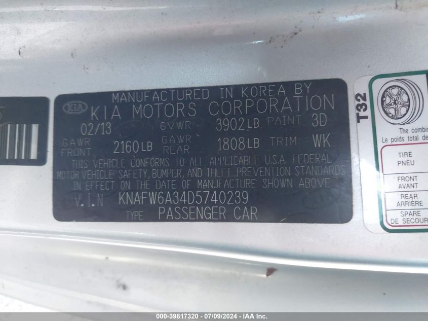 2013 Kia Forte Sx VIN: KNAFW6A34D5740239 Lot: 39817320