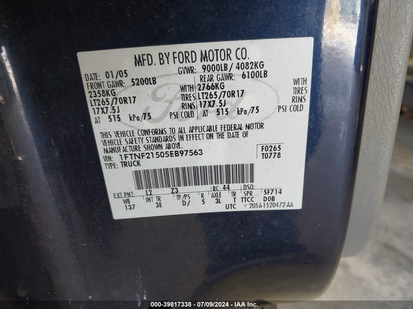 2005 Ford F-250 Xl/Xlt VIN: 1FTNF21505EB97563 Lot: 39817338