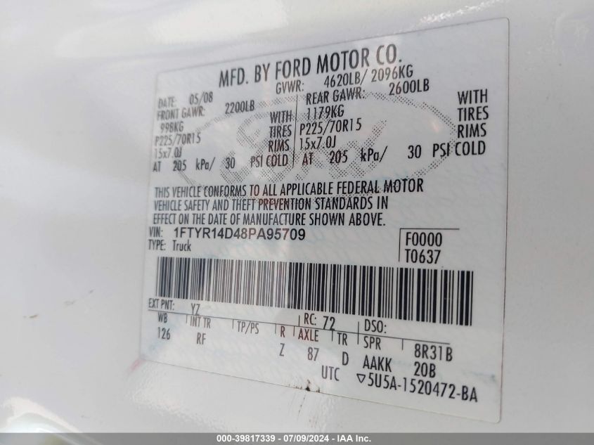 2008 Ford Ranger Xl/Xlt VIN: 1FTYR14D48PA95709 Lot: 39817339