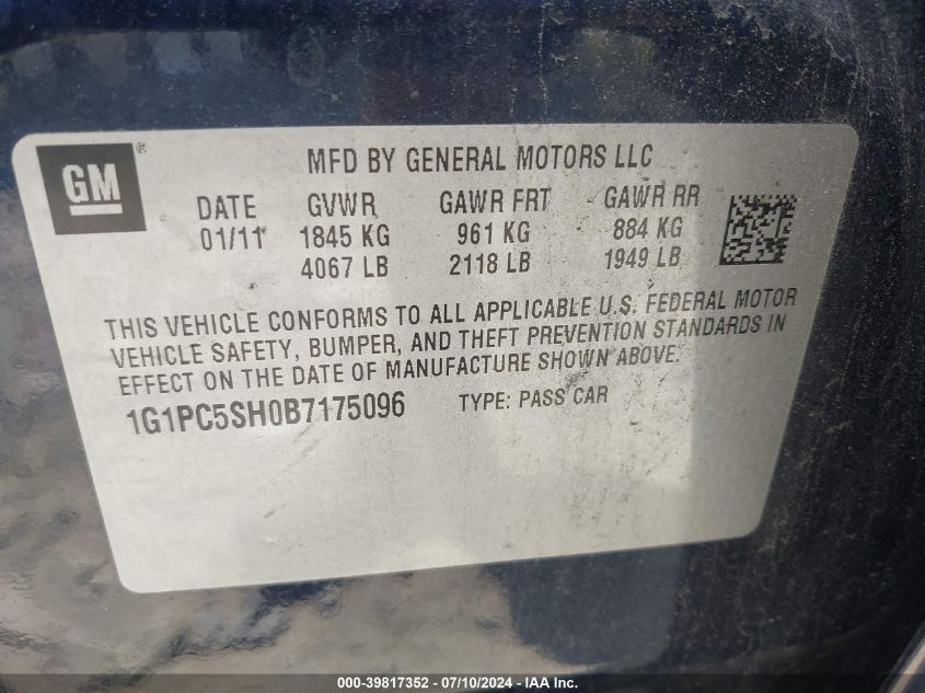 2011 Chevrolet Cruze Ls VIN: 1G1PC5SH0B7175096 Lot: 39817352