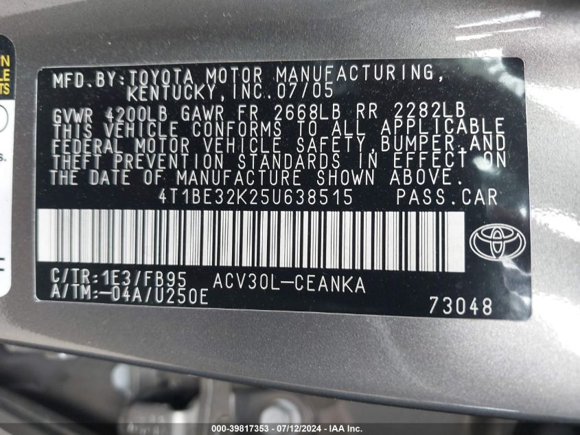 2005 Toyota Camry Le/Xle/Se VIN: 4T1BE32K25U638515 Lot: 39817353