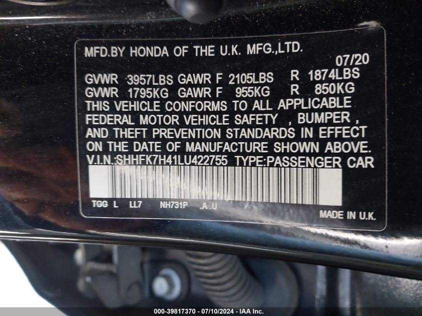 2020 Honda Civic Sport VIN: SHHFK7H41LU422755 Lot: 39817370
