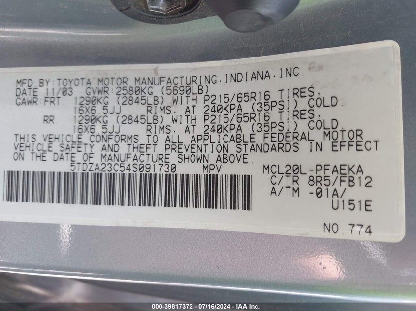 2004 Toyota Sienna Le VIN: 5TDZA23C54S091730 Lot: 39817372