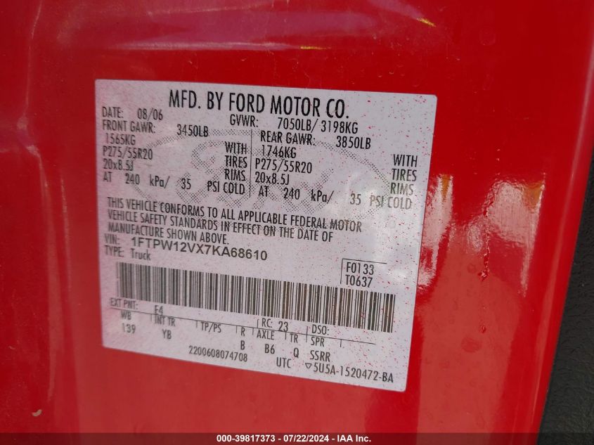 2007 Ford F-150 Lariat/Xlt VIN: 1FTPW12VX7KA68610 Lot: 39817373