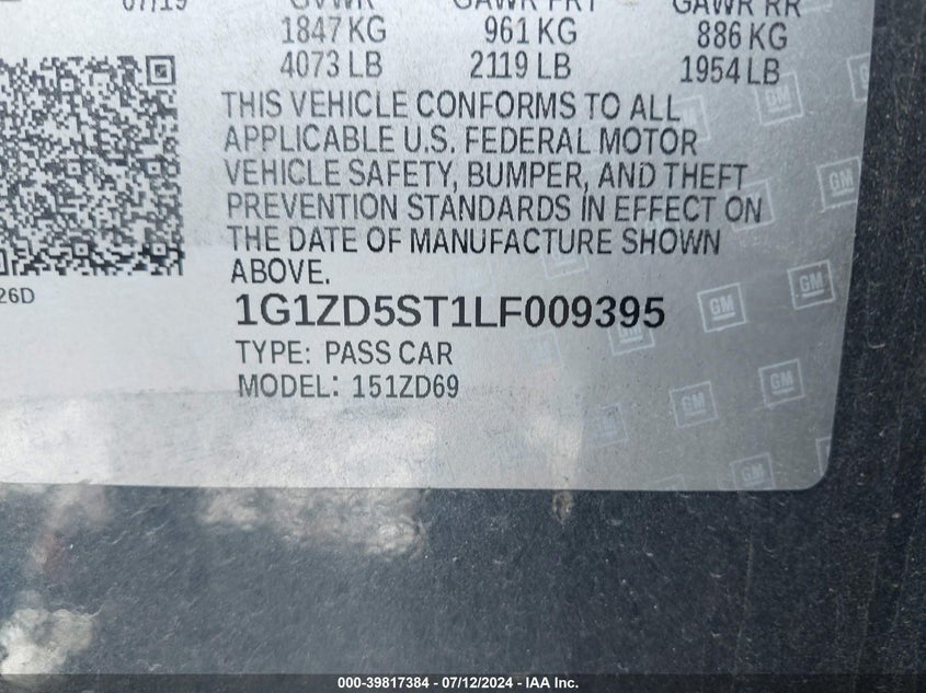 2020 Chevrolet Malibu Fwd Lt VIN: 1G1ZD5ST1LF009395 Lot: 39817384