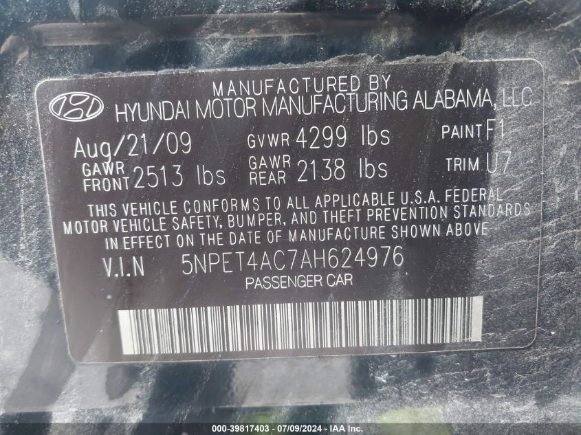 5NPET4AC7AH624976 2010 Hyundai Sonata Gls