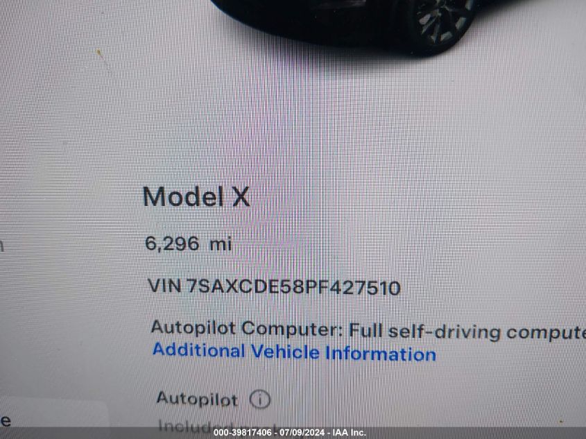 2023 Tesla Model X Dual Motor All-Wheel Drive/Standard Range VIN: 7SAXCDE58PF427510 Lot: 39817406