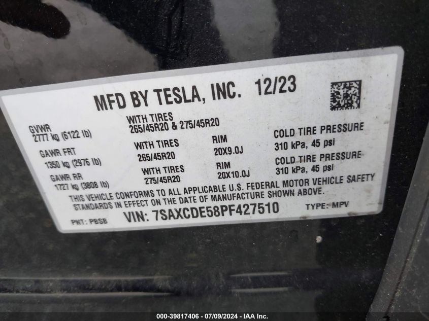 2023 Tesla Model X Dual Motor All-Wheel Drive/Standard Range VIN: 7SAXCDE58PF427510 Lot: 39817406