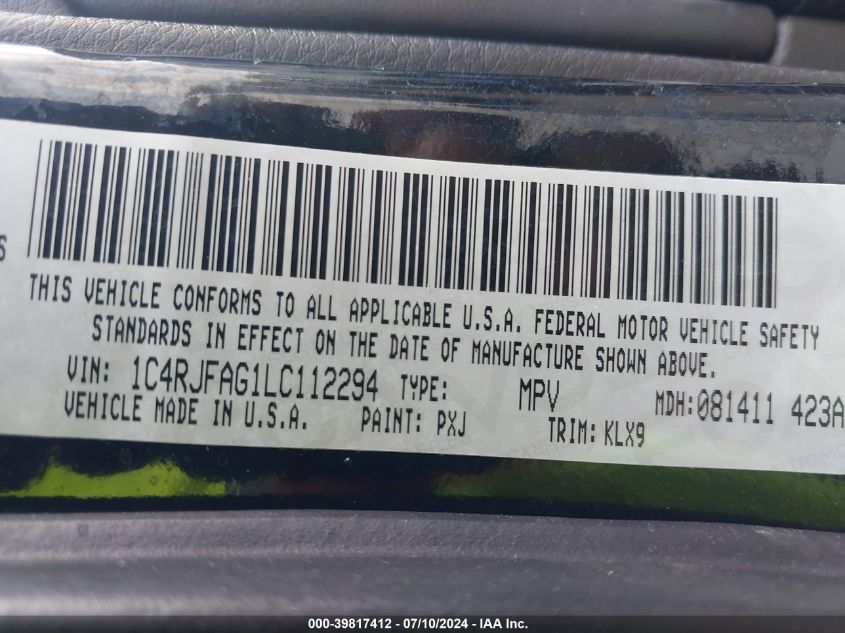 2020 Jeep Grand Cherokee Altitude 4X4 VIN: 1C4RJFAG1LC112294 Lot: 39817412