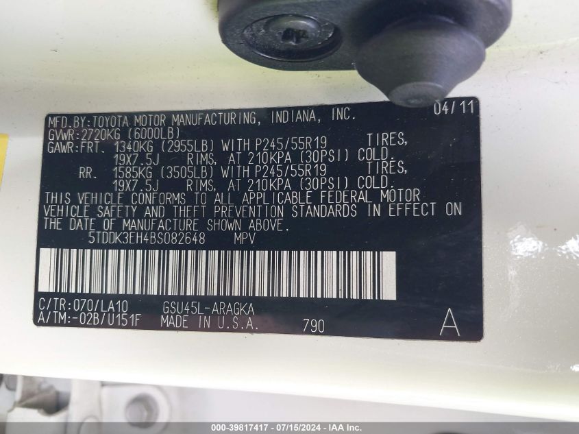 2011 Toyota Highlander Limited V6 VIN: 5TDDK3EH4BS082648 Lot: 39817417