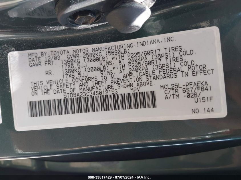 2004 Toyota Sienna Le VIN: 5TDBA23C34S012153 Lot: 39817429