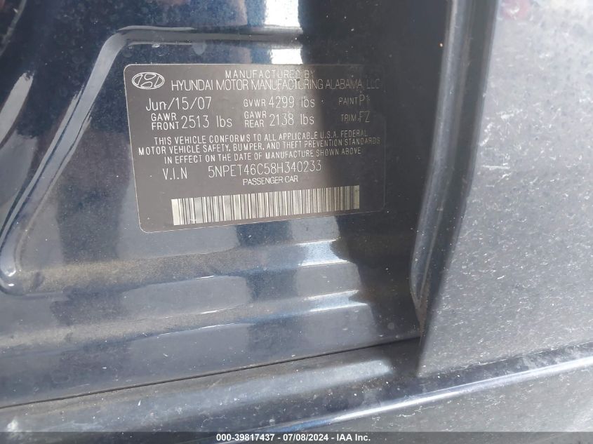 2008 Hyundai Sonata Gls VIN: 5NPET46C58H340233 Lot: 39817437