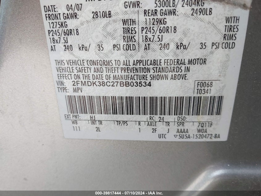 2007 Ford Edge Sel VIN: 2FMDK38C27BB03534 Lot: 39817444