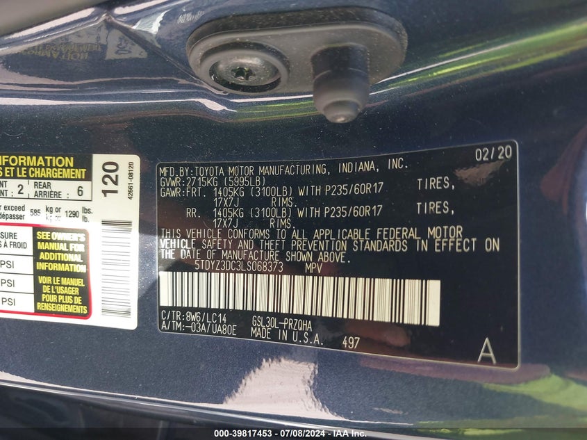 2020 Toyota Sienna Xle VIN: 5TDYZ3DC3LS068373 Lot: 39817453