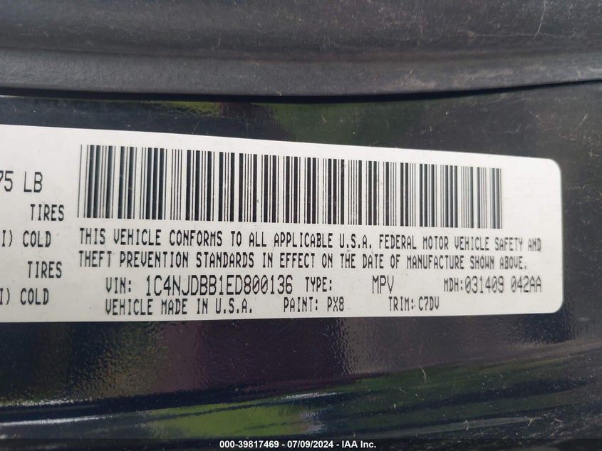 2014 Jeep Compass Sport VIN: 1C4NJDBB1ED800136 Lot: 39817469