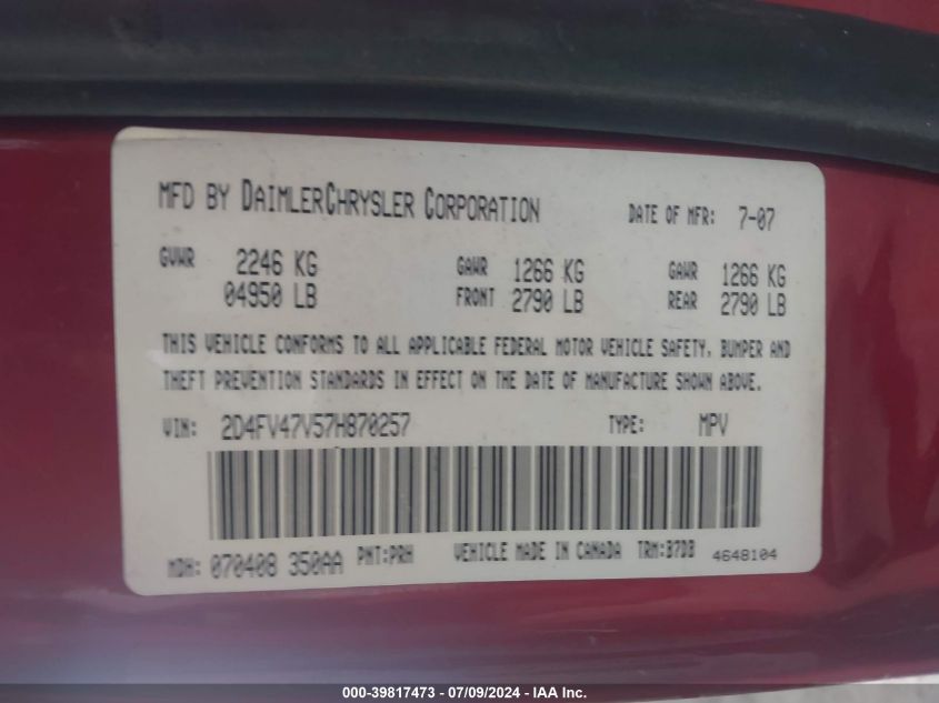 2007 Dodge Magnum Sxt VIN: 2D4FV47V57H870257 Lot: 39817473
