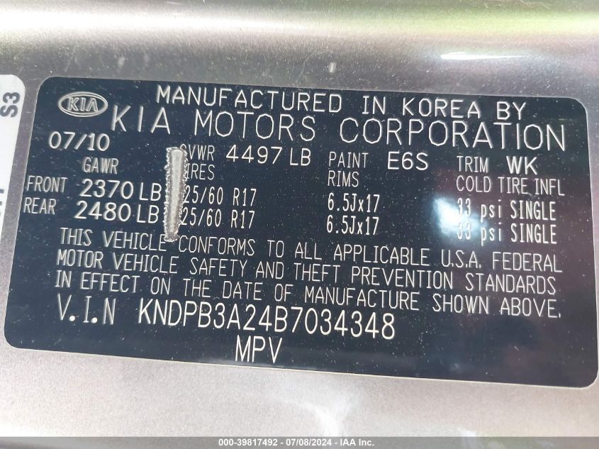 2011 Kia Sportage Lx VIN: KNDPB3A24B7034348 Lot: 39817492