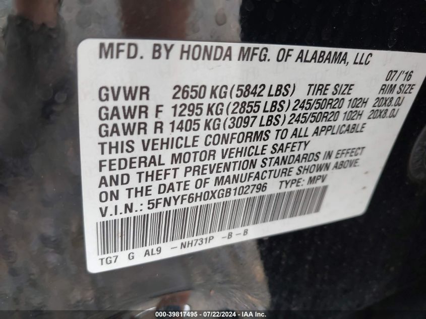 2016 Honda Pilot Elite VIN: 5FNYF6H0XGB102796 Lot: 39817495