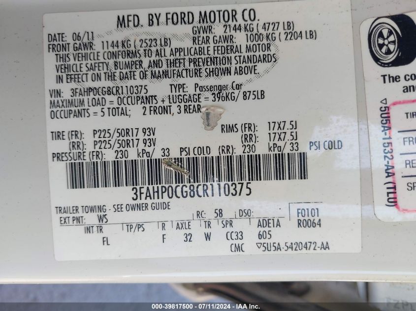 2012 Ford Fusion Sel VIN: 3FAHP0CG8CR110375 Lot: 39817500